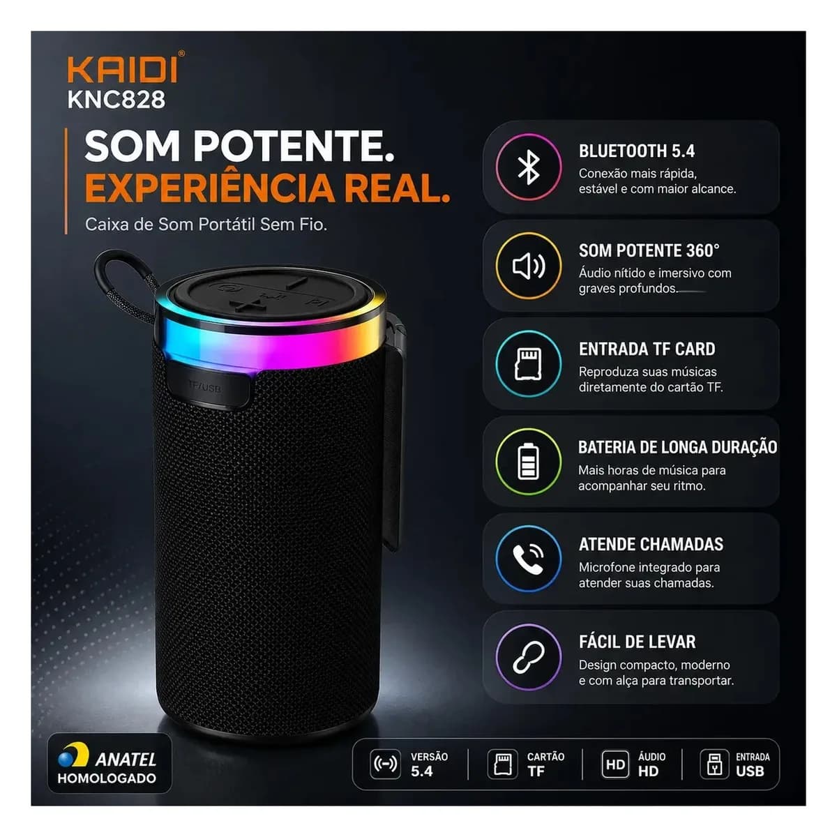 Caixa de Som Bluetooth 5.4 Kaidi KNC828 10W com LED, foto 3