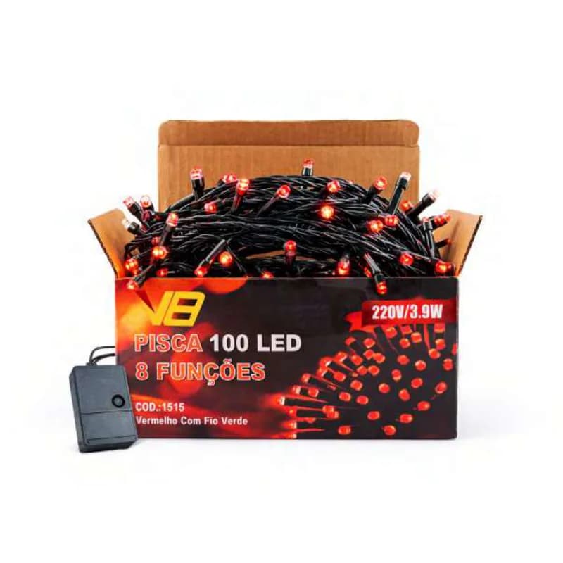Cordão 100 leds 8 funções fio verde branco quente 127V, foto 1